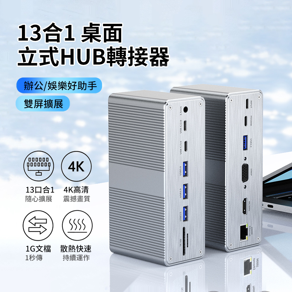 HADER 13合1 多功能桌面立式HUB轉接器 USB集線器 Mac筆電HDMI轉換器 千兆網絡轉接頭