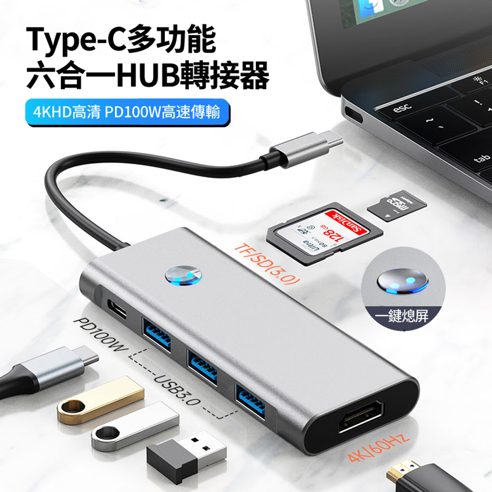 HADER Type-C 六合一 多功能HUB轉接器 HDMI轉接線 USB 3.0集線器 Mac筆電轉接頭