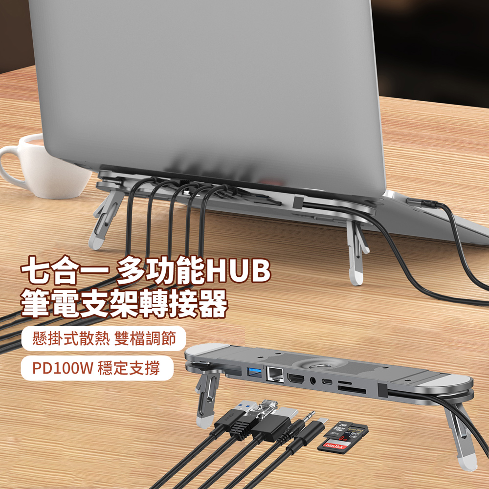HADER 七合一 Type-C 多功能HUB轉接器筆電支架 PD100W HDMI轉接頭 筆電抬高底座