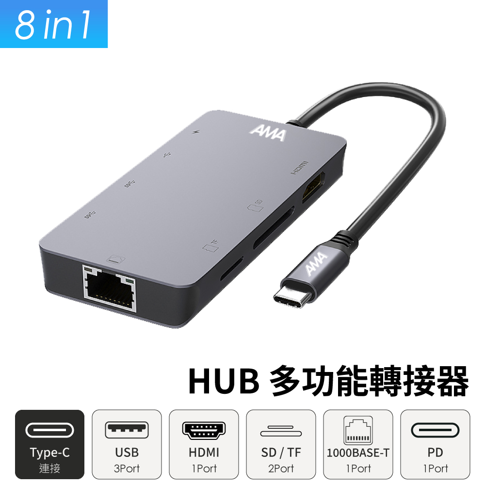 AMA 8合1多功能HUB轉接器 Type-C多功能擴充塢 SD TF 讀卡器 PD快充 USB HDMI 1000BASE-T 網路線