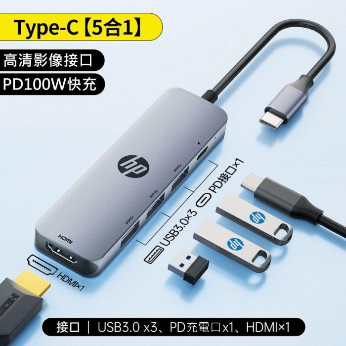 HP 惠普 TYPE-C USB-C HUB 5IN1 TC232 集線器 五合一 分享器 USB3.0*3 PD*1 HDMI*1