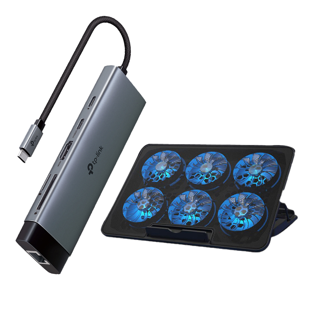 UH9120C Type-C 9合1多功能HUB轉接器 + 電競筆電六風扇雙USB高效散熱墊