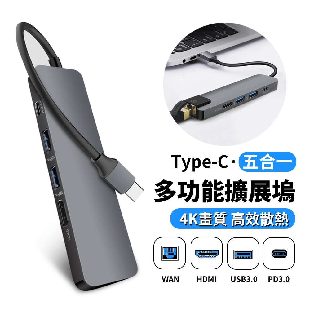 Type-C 五合一多功能轉接器 HUB集線器 網路轉換器 HDMI USB3.0轉接頭 mac擴展塢 筆電轉接線