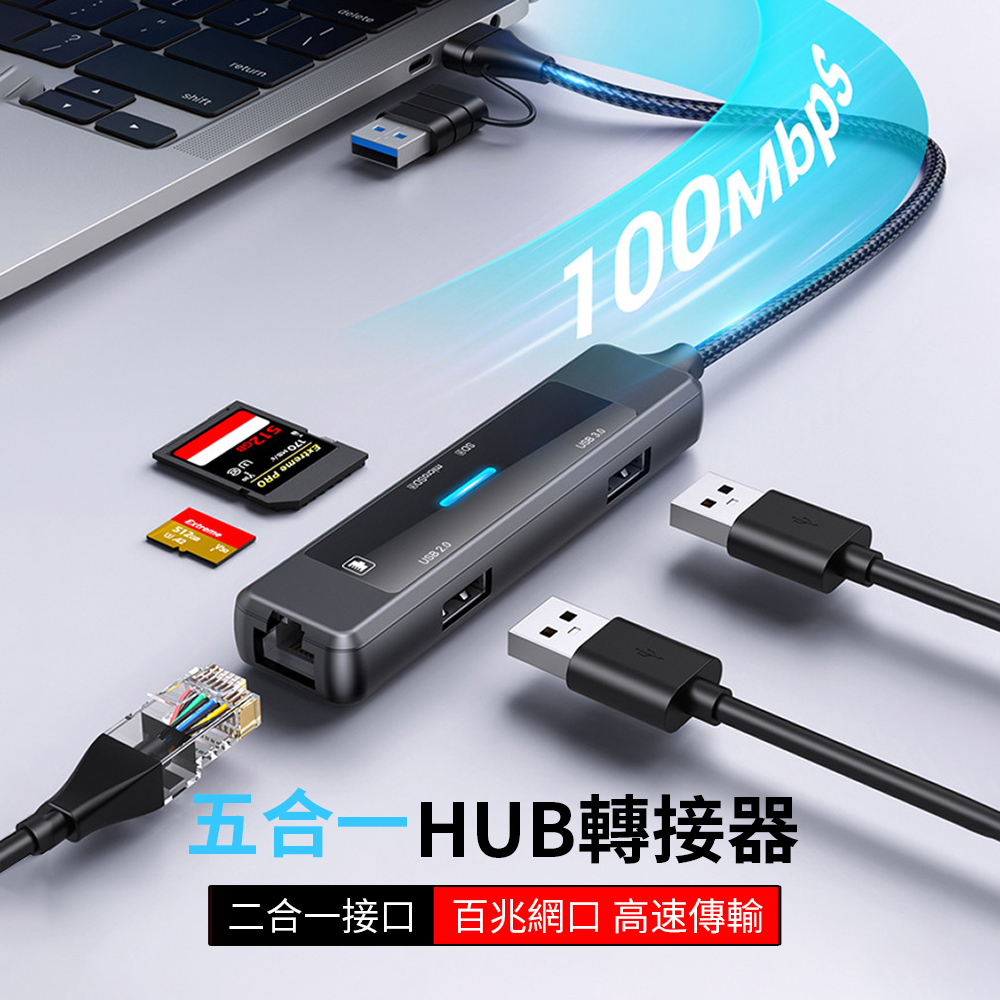 HADER 五合一 Type-C/USB 雙接口多功能HUB轉接器 USB RJ45百兆網絡轉接線 Mac轉接頭