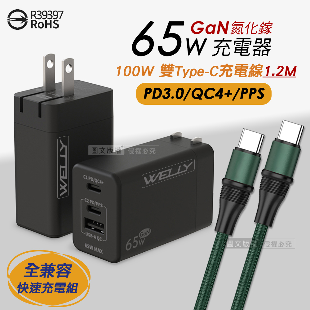 WELLY 威力 65W氮化鎵GaN 輕巧快充頭 三孔輸出(黑色)+100W 雙Type-C 傳輸充電線組合