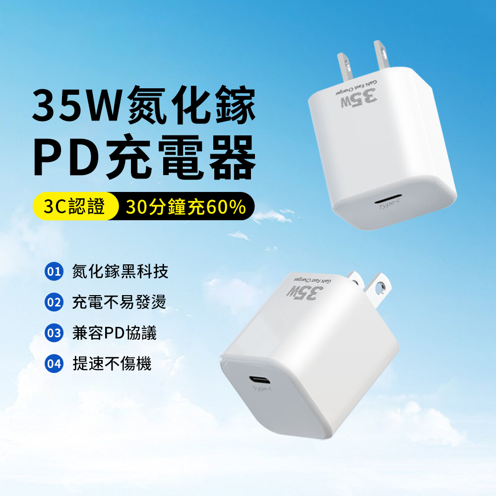 氮化鎵GaN充電器 35W快充頭 Type-C iPhone15充電器 旅充 iPhone16豆腐頭 支援筆電/iPad/Switch/安卓