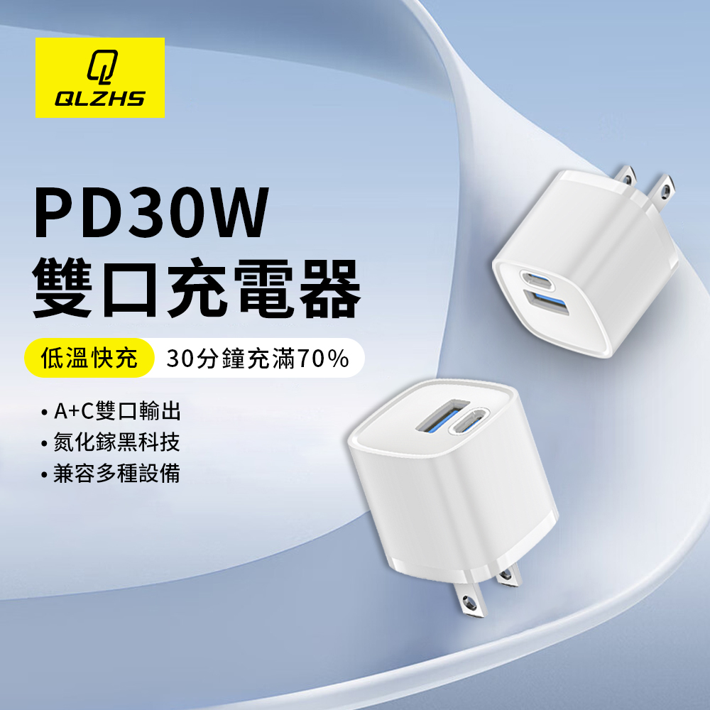 30W氮化鎵GaN充電器 PD雙孔快充頭 小體積便攜旅充 Type-C+USB充電器 (適用iPhone17/安卓) 母親節禮物
