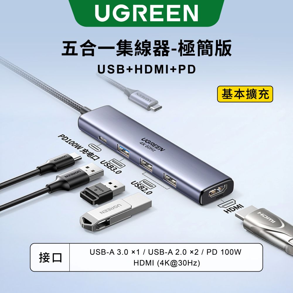 UGREEN 綠聯 臺灣 創惟晶片 五合一Type-C集線器 HDMI/PD/USB3.0/USB2.0*2(其他規格)