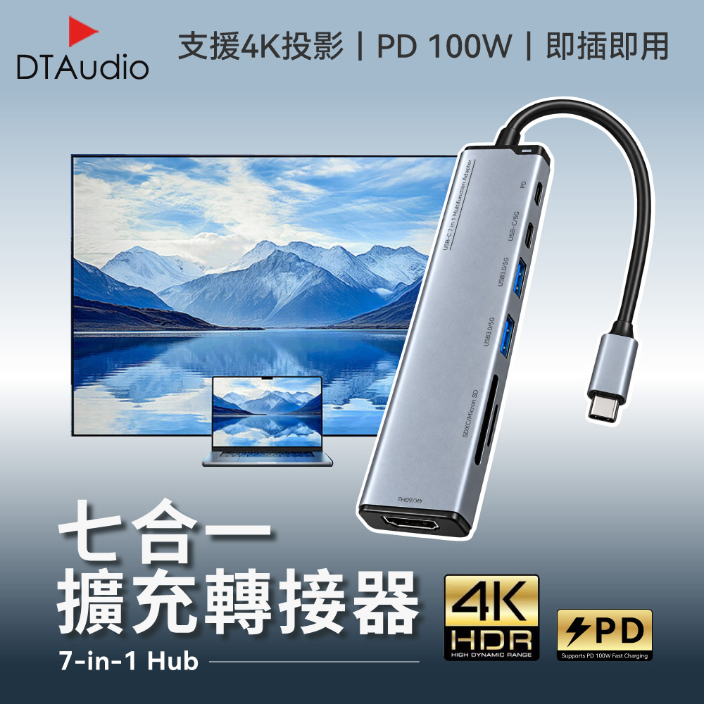 DTAudio 聆翔 七合一轉接頭｜集線器 4K HDMI 外接螢幕 讀卡機 MacBook Switch 集線器 Hub