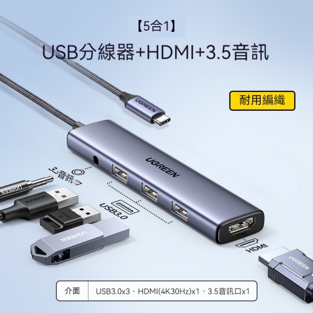 Type-C5 合 1 音頻擴充塢 HDMI 投屏 + USB 集線器 蘋果筆電影音多功能轉接器
