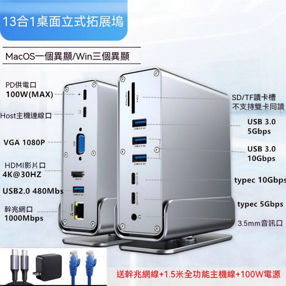 立式 13 合 1 附電源四螢異顯擴充塢 高速 Type-C 傳輸 多螢辦公專用拓展塢