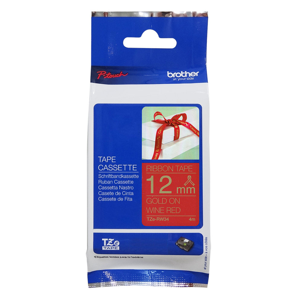 BROTHER 兄弟牌 TZe-RW34 絲質緞帶標籤帶 (12mm 酒紅底金字)(適:H110/D200/P300/P710/P910/D460/D610/P750/E310/E560)