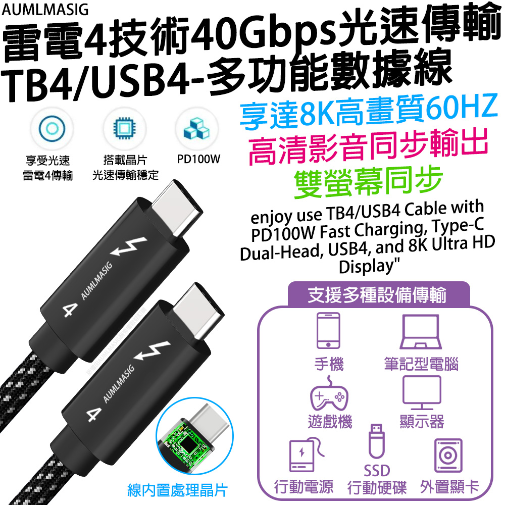 下單免運送達【AUMLMASIG全通碩】【長度50CM】光速傳輸 40Gbps 雷電4/TB4 USB-Type-c多功能數據線 /一線全通傳輸/達到8K畫質/60HZ 高清影音同步輸出 支援多種設備傳輸 手機 筆記型電腦 遊戲機 顯示器 移動電源 隨身碟 外置顯卡