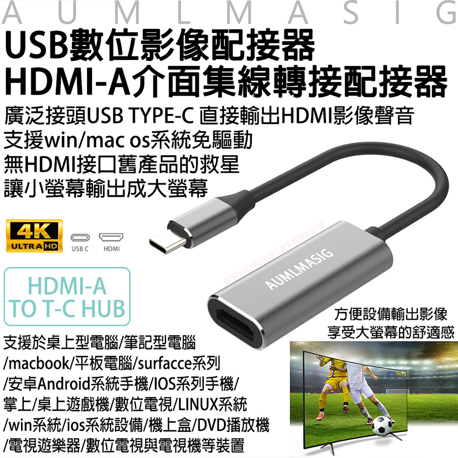 AUMLMASIG 全通碩 USB數位影像配接器 / HDMI-A介面影像轉接配接器 廣泛接頭USB TYPE-C 直接輸出HDMI影像聲音 支援win/mac os系統免驅動/ 無HDMI接口舊產品的救星/ 讓小螢幕輸出成大螢幕/ HDMI-A TO T-C HUB