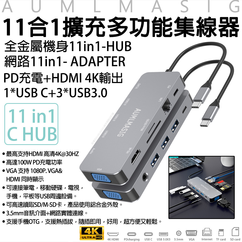 AUMLMASIG 全通碩 萬用多功能11合1金屬集線器+PD充電+HDMI4K輸出+RJ45網路+3*USB3.0+瑞昱晶片辦公/娛樂 超方便電腦/筆電/手機/平板/電視/投影機/螢幕連接（其他規格）