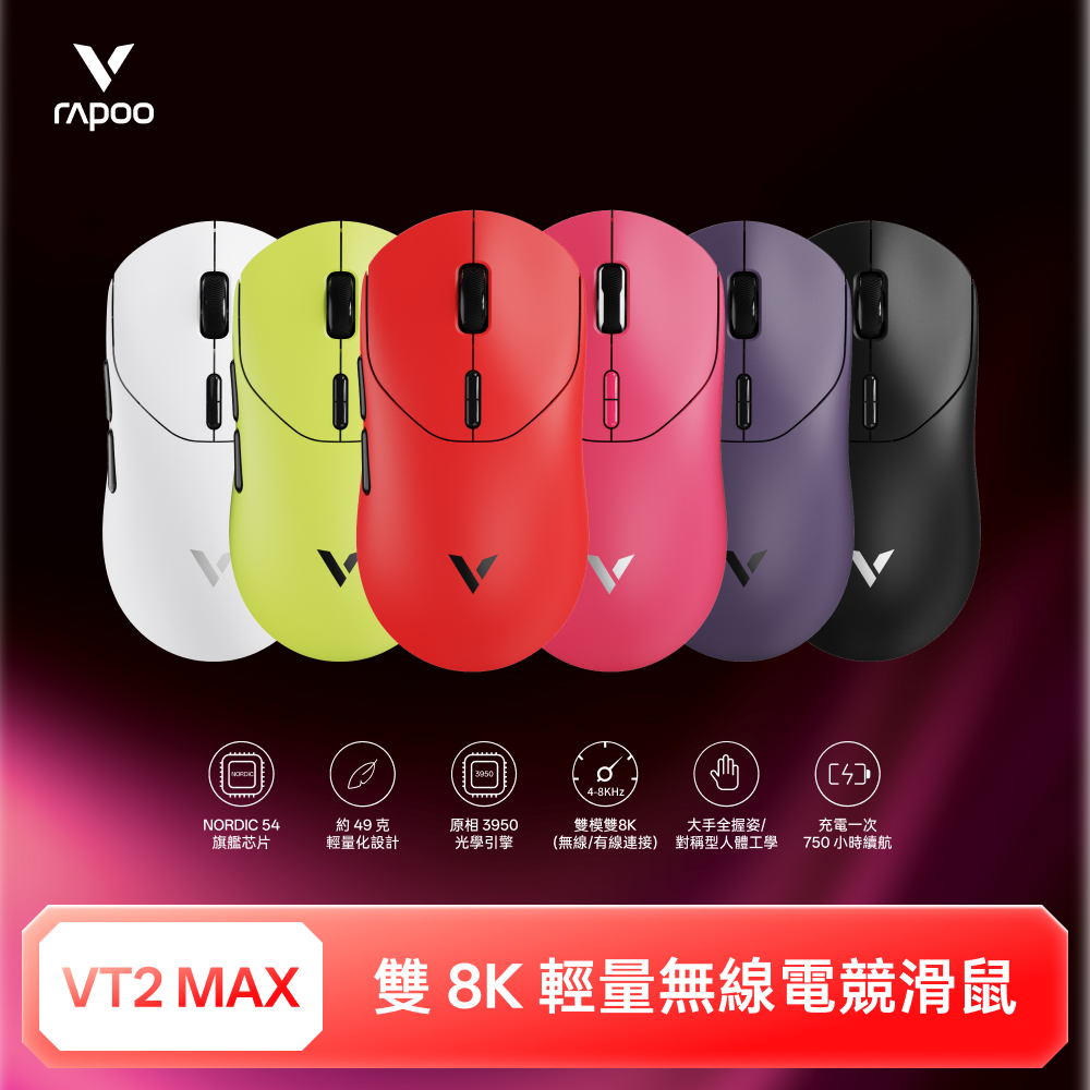 RAPOO 雷柏 VT2 MAX 輕量雙模雙8K人體工學電競滑鼠