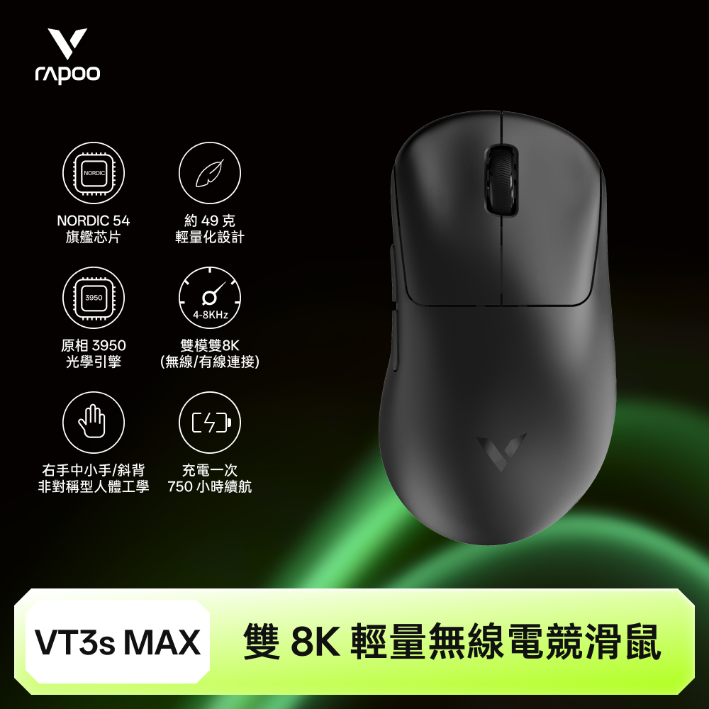 RAPOO 雷柏VT3S MAX 輕量雙模雙8K人體工學電競滑鼠- PChome 24h購物