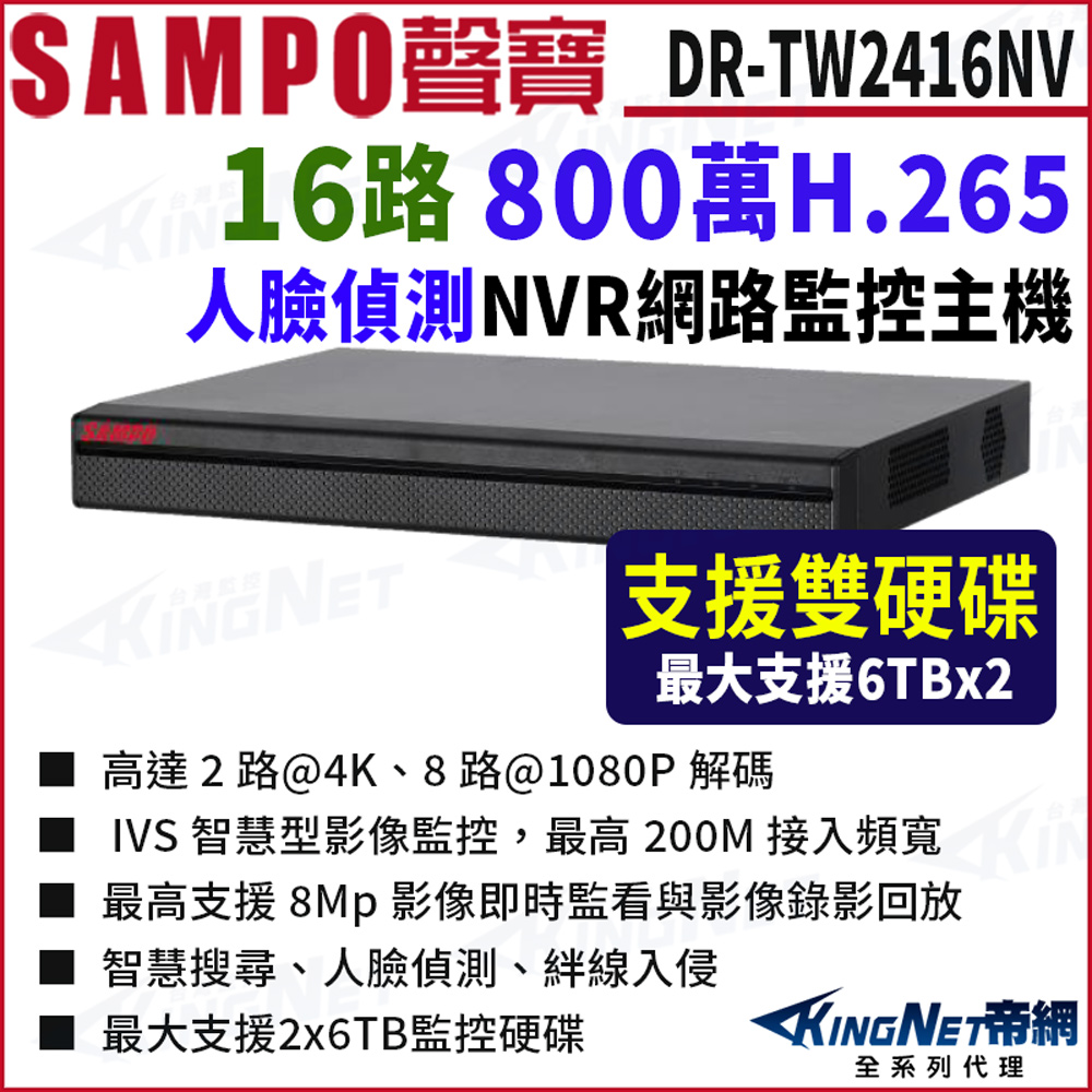 KingNet 帝網 SAMPO 聲寶 DR-TW2416NV 800萬 16路 雙硬碟 人臉偵測 NVR錄影主機 網路主機 監視器主機