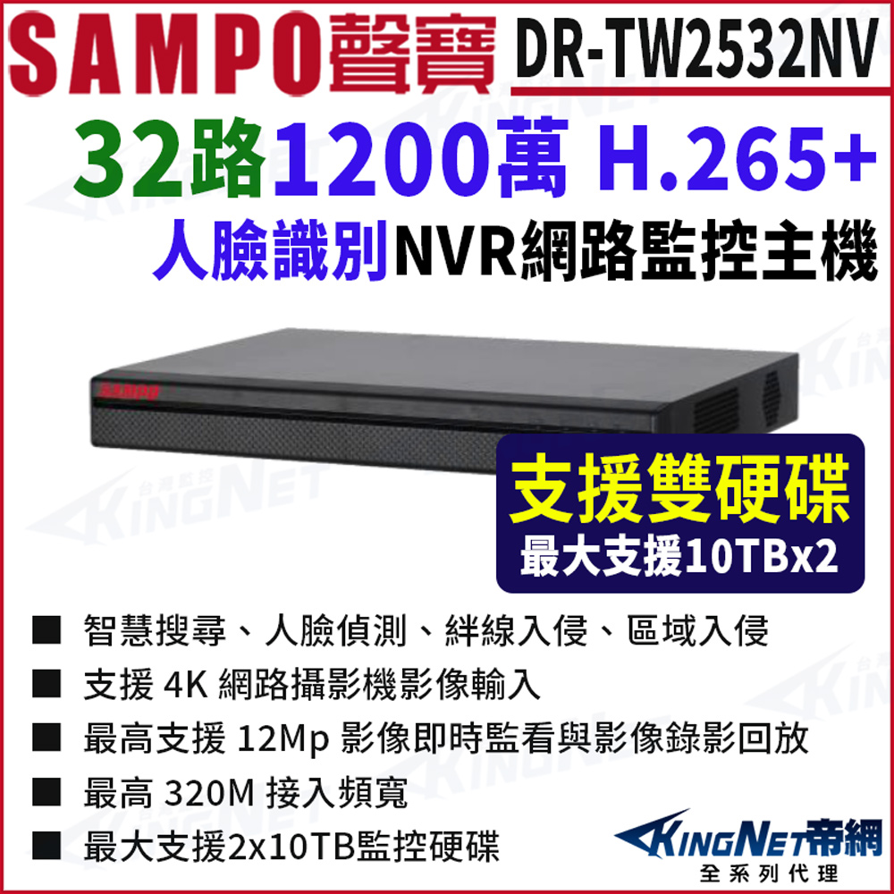 KingNet 帝網 SAMPO聲寶 DR-TW2532NV 32路 1200萬 4K NVR 雙硬碟 網路NVR監控主機