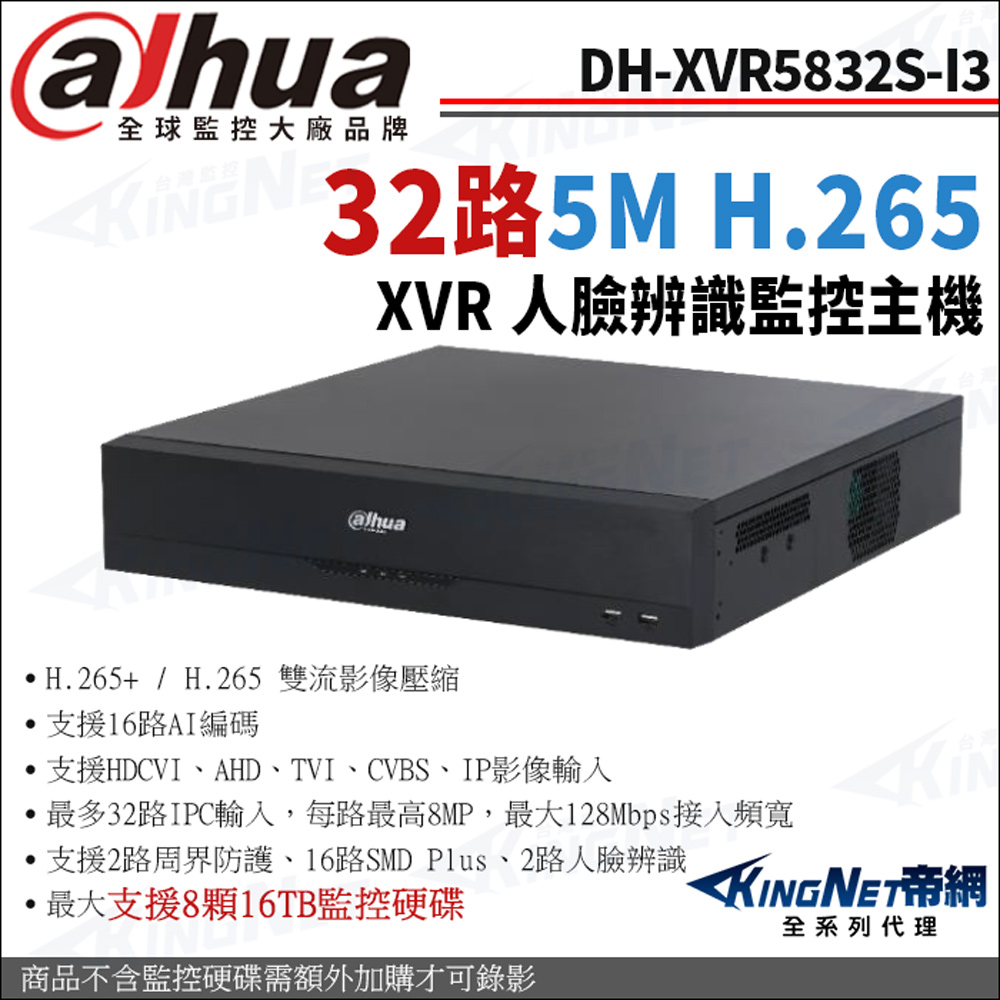 Dahua 大華 帝網監視器 DH-XVR5832S-I3 32路主機 500萬 1080P 人臉辨識 XVR 支援8硬碟 錄影主機