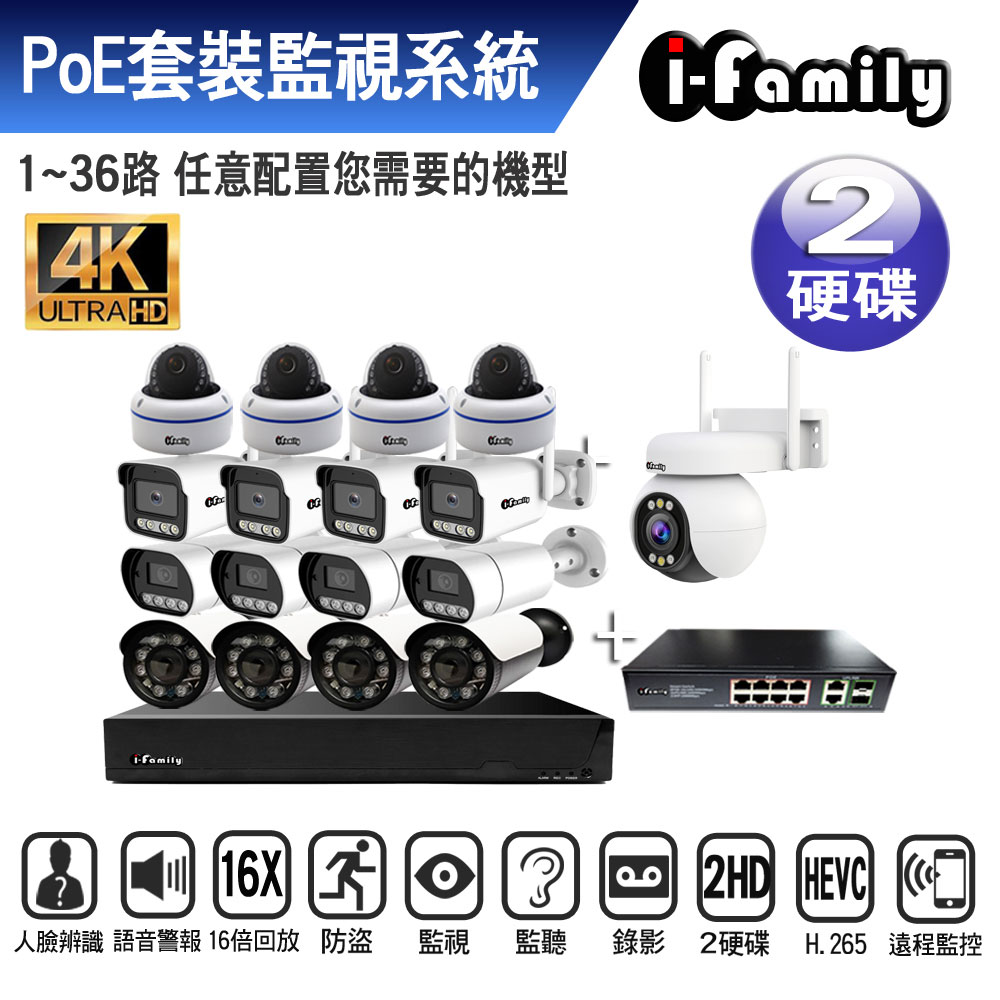 I-Family 宇晨 POE專用36路式自選5百萬鏡頭+網路交換器監視套裝系統