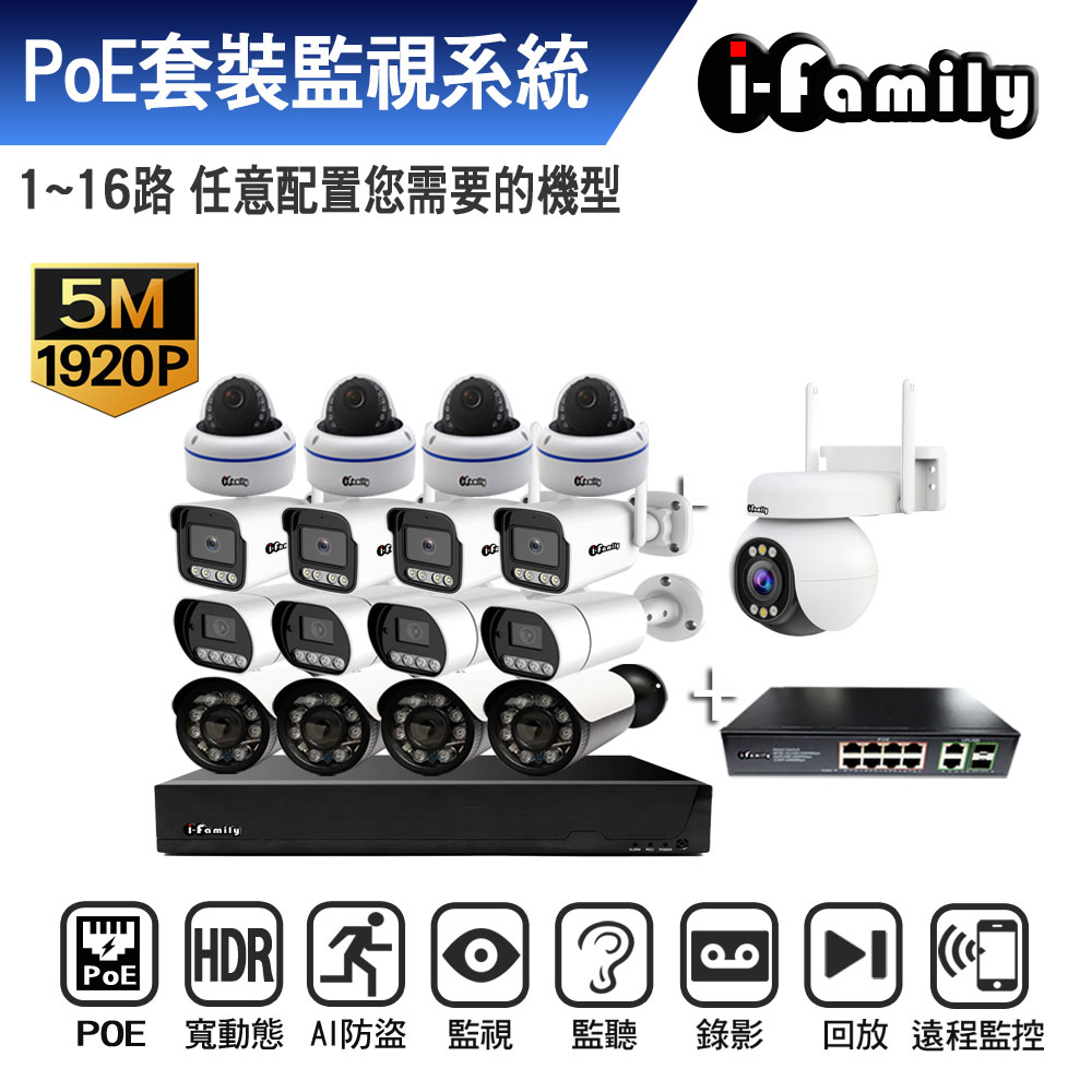 I-Family 宇晨 POE專用16路式自選4K鏡頭+網路交換器監視套裝系統