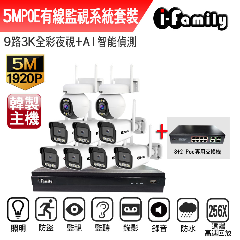 I-Family 宇晨 5M槍機加4M變焦球機 POE監控錄影組 主機+7槍機+2球機