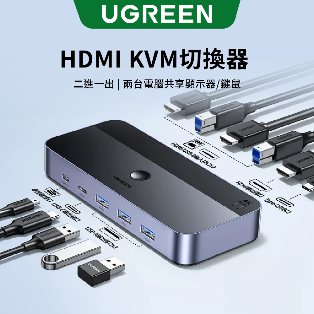 UGREEN 綠聯 HDMI 2.0  KVM 切換器  二進一出  支授4K@60Hz