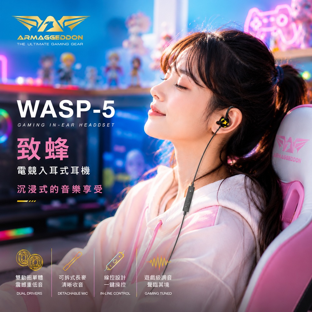 ARMAGGEDDON WASP5勁蜂5號 雙動圈電競耳機麥克風(可拆式)