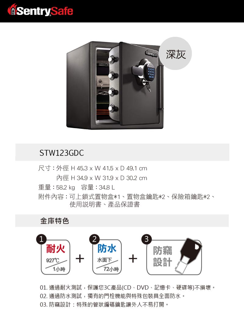 SENTRY Safe 電子密碼鎖防火防水金庫中STW123GDC - PChome 24h購物