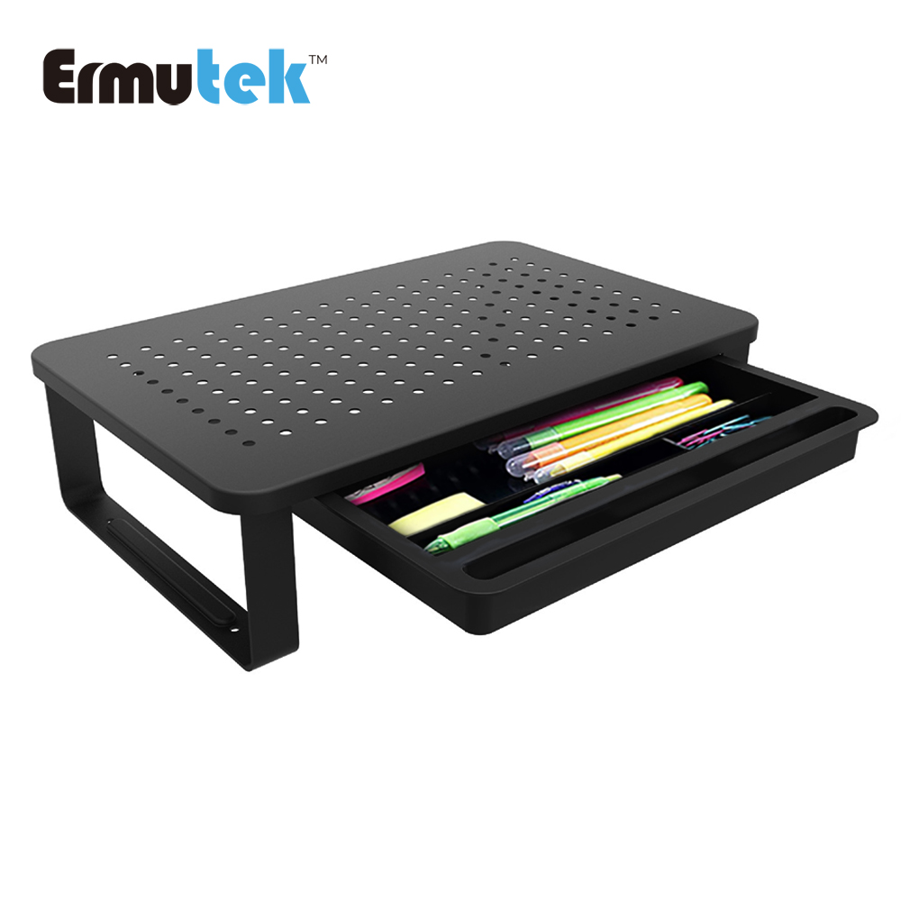 Ermutek 二木科技 桌上型螢幕收納架/多功能螢幕增高架+抽屜設計方便收納 (黑色)