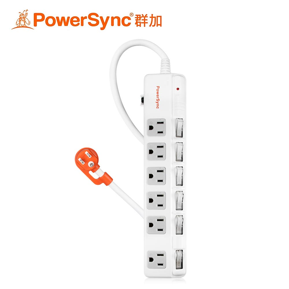 PowerSync 群加 六開六插斜面開關防雷擊抗搖擺延長線-1.8M/白