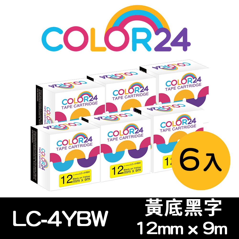 EPSON 愛普生 【Color24】副廠 相容標籤帶 for 6入組 LC-4YBW / LK-4YBW 黃底黑字 (寬度12mm)