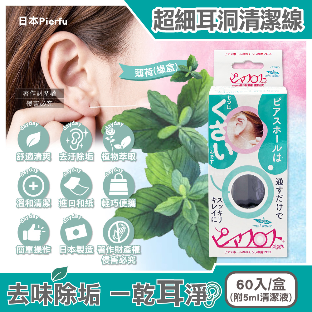 Pierfu 日本耳洞護理超細清潔線60入/盒-薄荷香(附5ml清潔液,除垢去異味耳用護理棒)