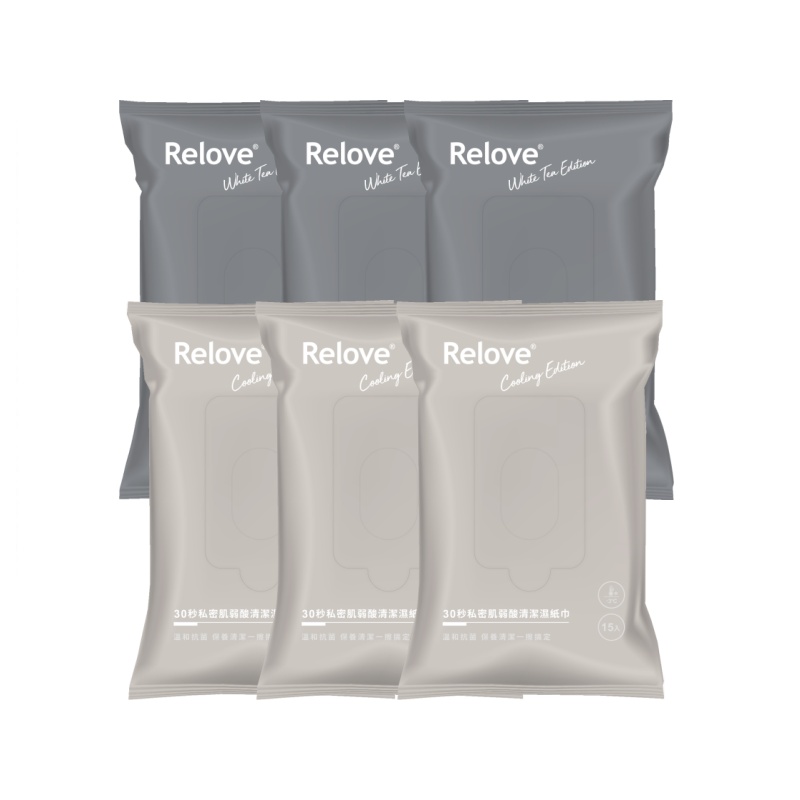 Relove 6入組 私密肌30秒面膜濕紙巾(玫瑰涼感*3+綠茶無涼*3)