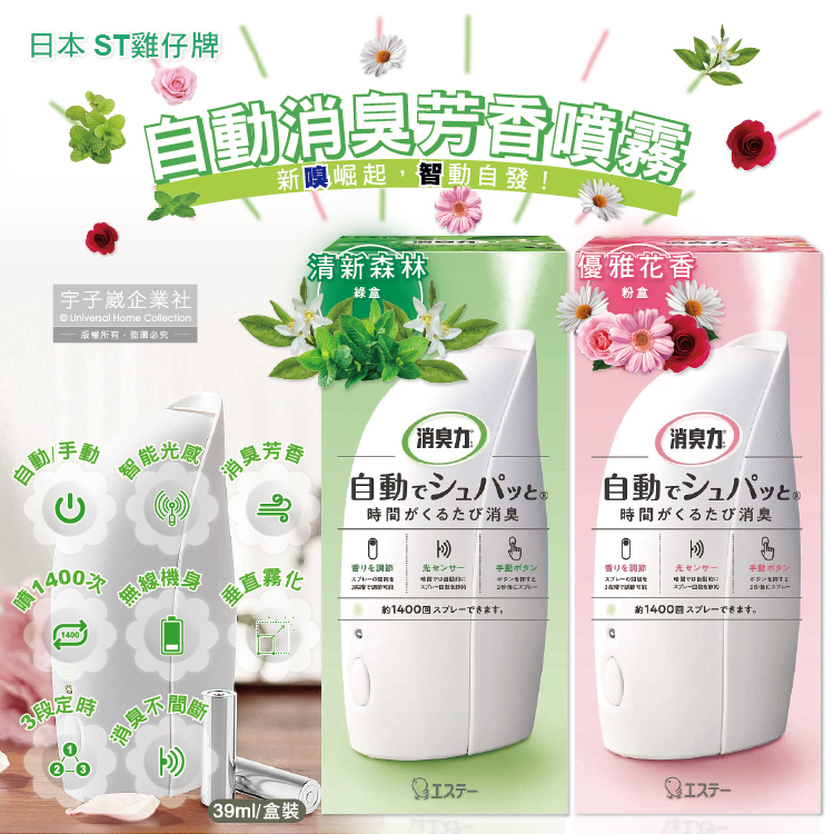 ST 雞仔牌 (2盒超值組)日本消臭力無線自動香氛噴霧機1入/盒(含芳香劑補充瓶39ml)(清新森林/優雅花香_2款香味可選)