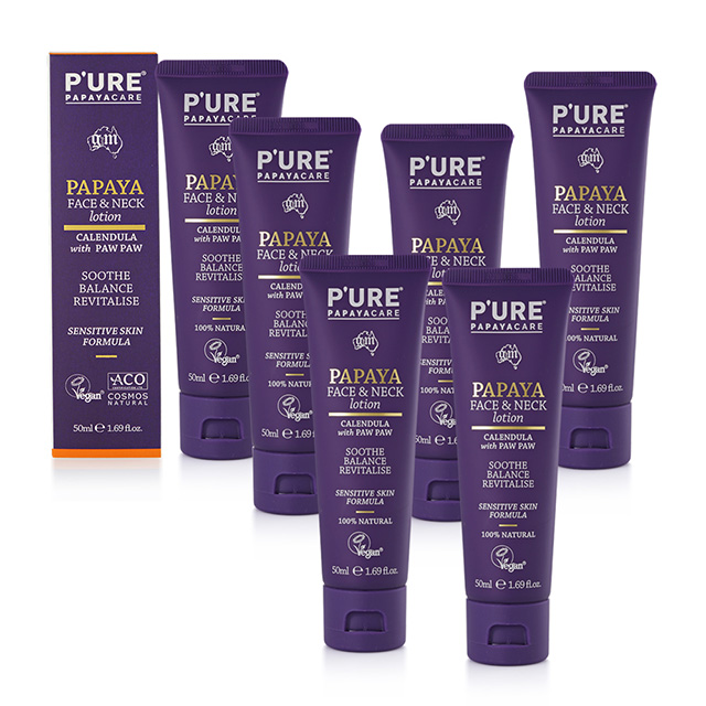 【澳洲Pure Papayacare 】木瓜臉頸乳液含金盞花玻尿酸6 入組50ml 瓶 級