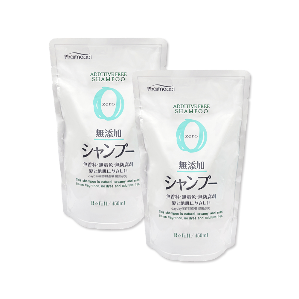 熊野油脂 (2袋超值組)日本KUMANO-Pharmaact Zero無添加潔淨修護洗髮精補充包450ml/袋(胺基酸滋潤柔順潔髮液)