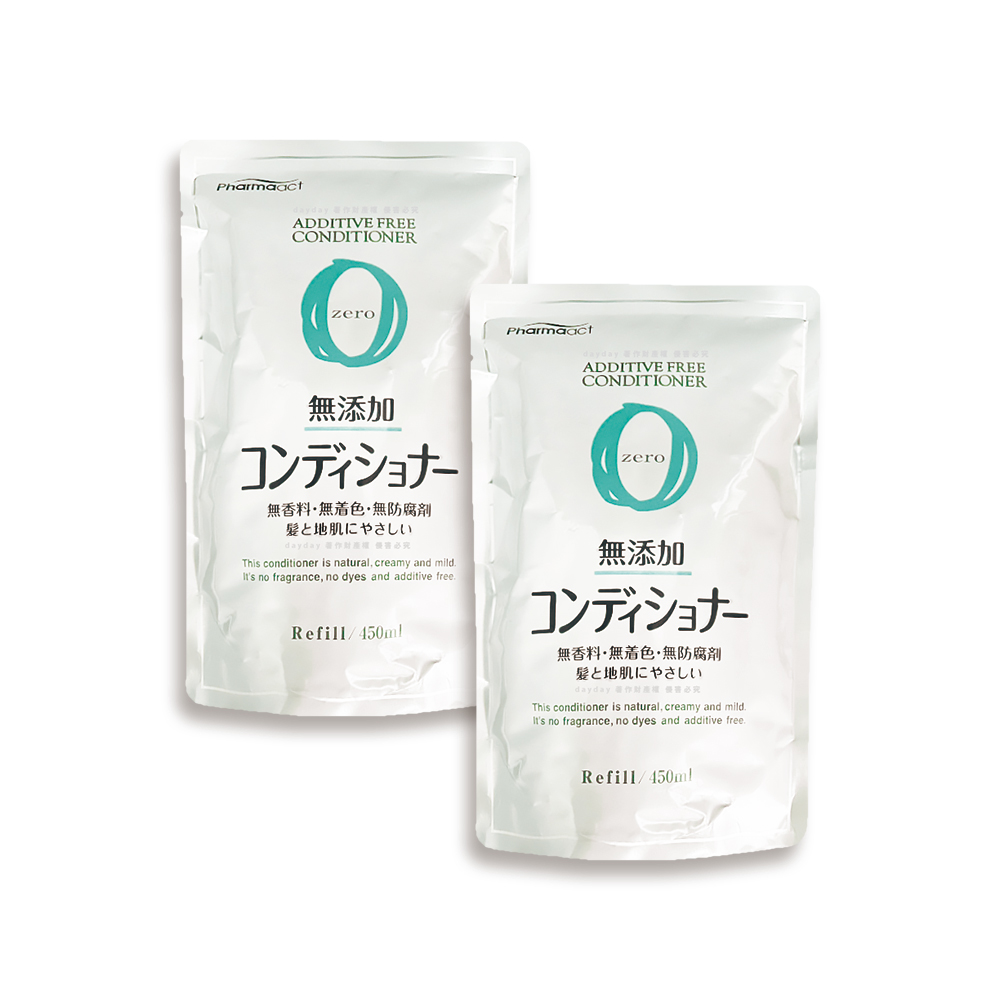 熊野油脂 (2袋超值組)日本KUMANO-Pharmaact Zero無添加潤髮乳柔順潤髮精華補充包450ml/袋(植物性溫和修護潤絲乳)