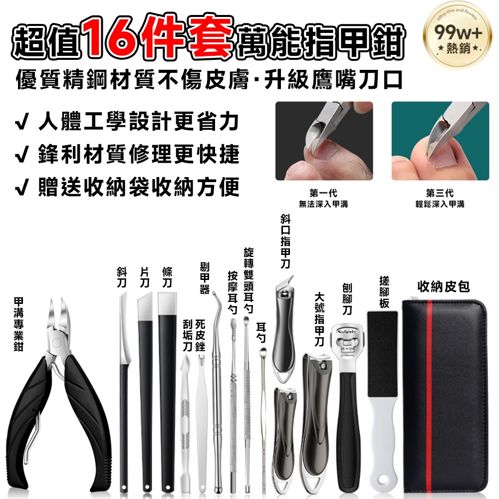 【Secaii設彩品牌店】甲溝炎指甲鉗套裝13件套附收納皮包(甲溝鷹嘴鉗/指甲剪/指甲鉗/灰指甲/死皮剪)