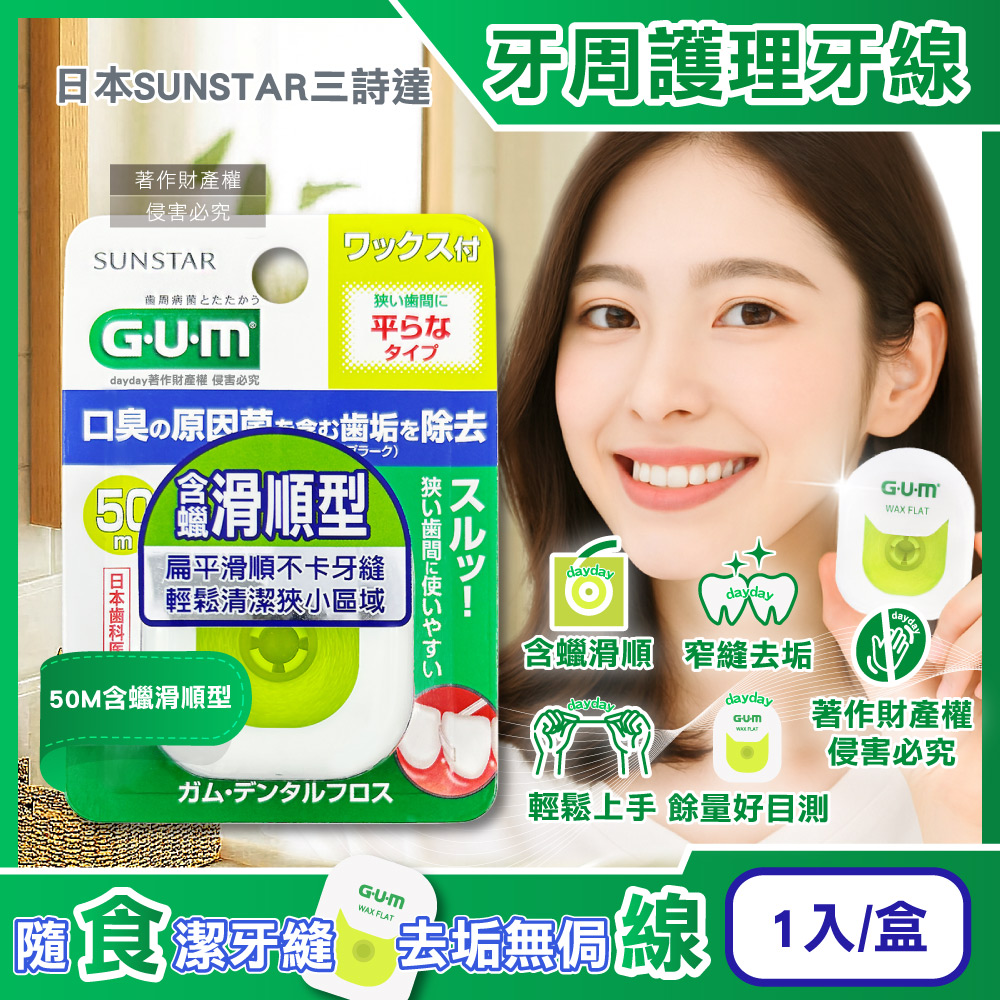 Sunstar 三詩達 日本GUM去齒垢牙周護理牙線1入/盒-50M含蠟滑順型(狹窄齒縫用扁平潔牙線,牙縫殘渣清潔線)（其他規格）