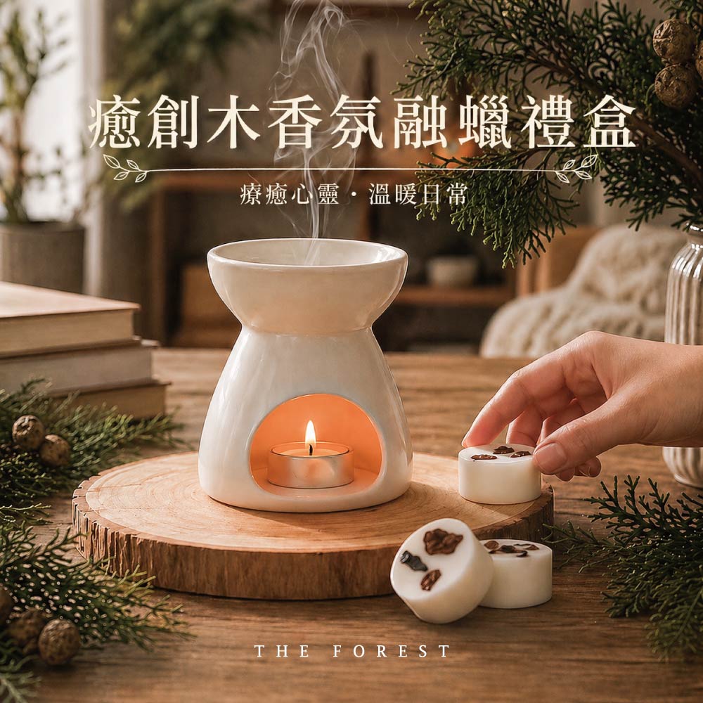 THE FOREST 癒森林 癒創木香氛融蠟禮盒 4入香氛蠟塊+融蠟燭燈 蠟塊 香氛蠟塊 融蠟燈 融蠟爐 香氛蠟燭 居家香氛 擴香 居家療癒 香氛擺設 精油香氛 放鬆助眠 室內香氛 香氛禮物