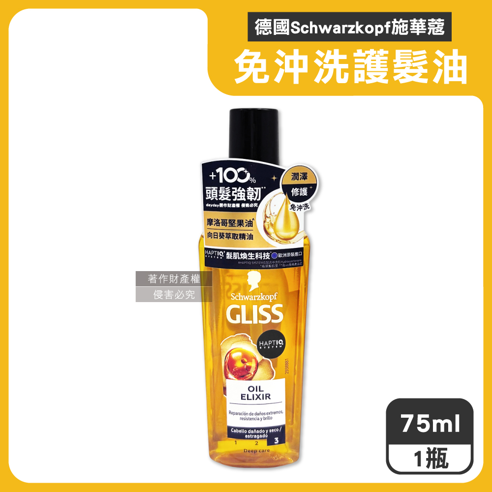 SCHWARZKOPF 施華蔻 德國沙龍級GLISS修護髮油75ml/瓶(德國小金瓶)