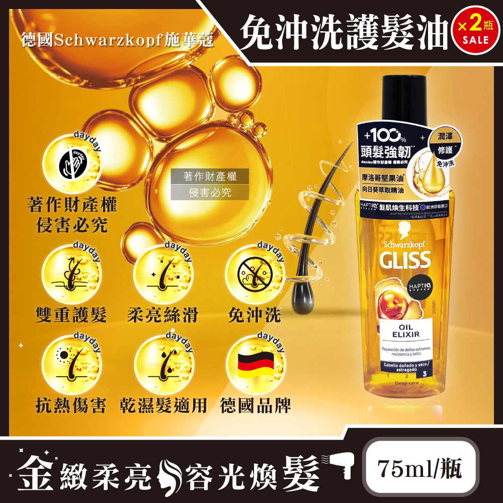 SCHWARZKOPF 施華蔻 (2瓶超值組)德國GLISS沙龍級滋養柔順護髮油75ml/瓶(免沖洗滋養柔順髮膜,潤髮精華油,秀髮保濕)