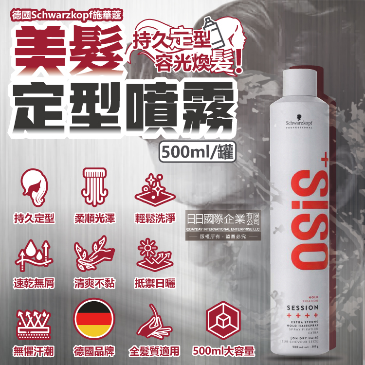 SCHWARZKOPF 施華蔻 德國OSiS+ SESSION極致定型瞬乾持久美髮造型噴霧500ml/消光灰罐