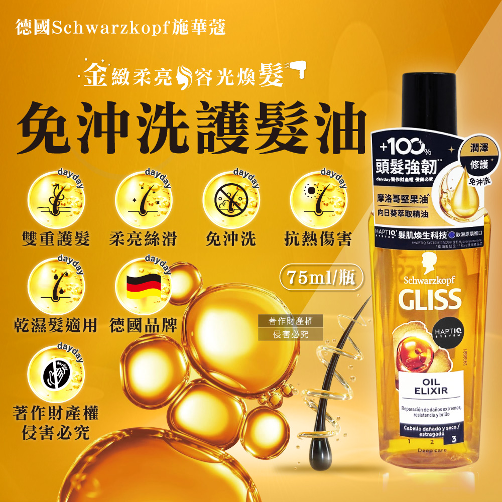 SCHWARZKOPF 施華蔻 GLISS沙龍級滋養柔順免沖洗修護髮油75ml/瓶(德國小金瓶,摩洛哥堅果油髮膜)