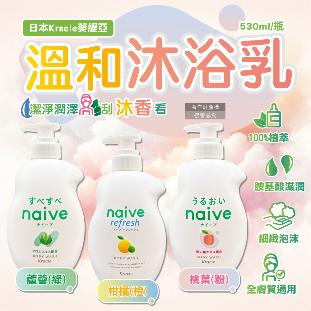 Kracie 葵緹亞 (2瓶任選超值組)日本naive 100%植萃胺基酸香氛水潤溫和沐浴乳530ml/瓶(柑橘/蘆薈/桃葉_3款可選)