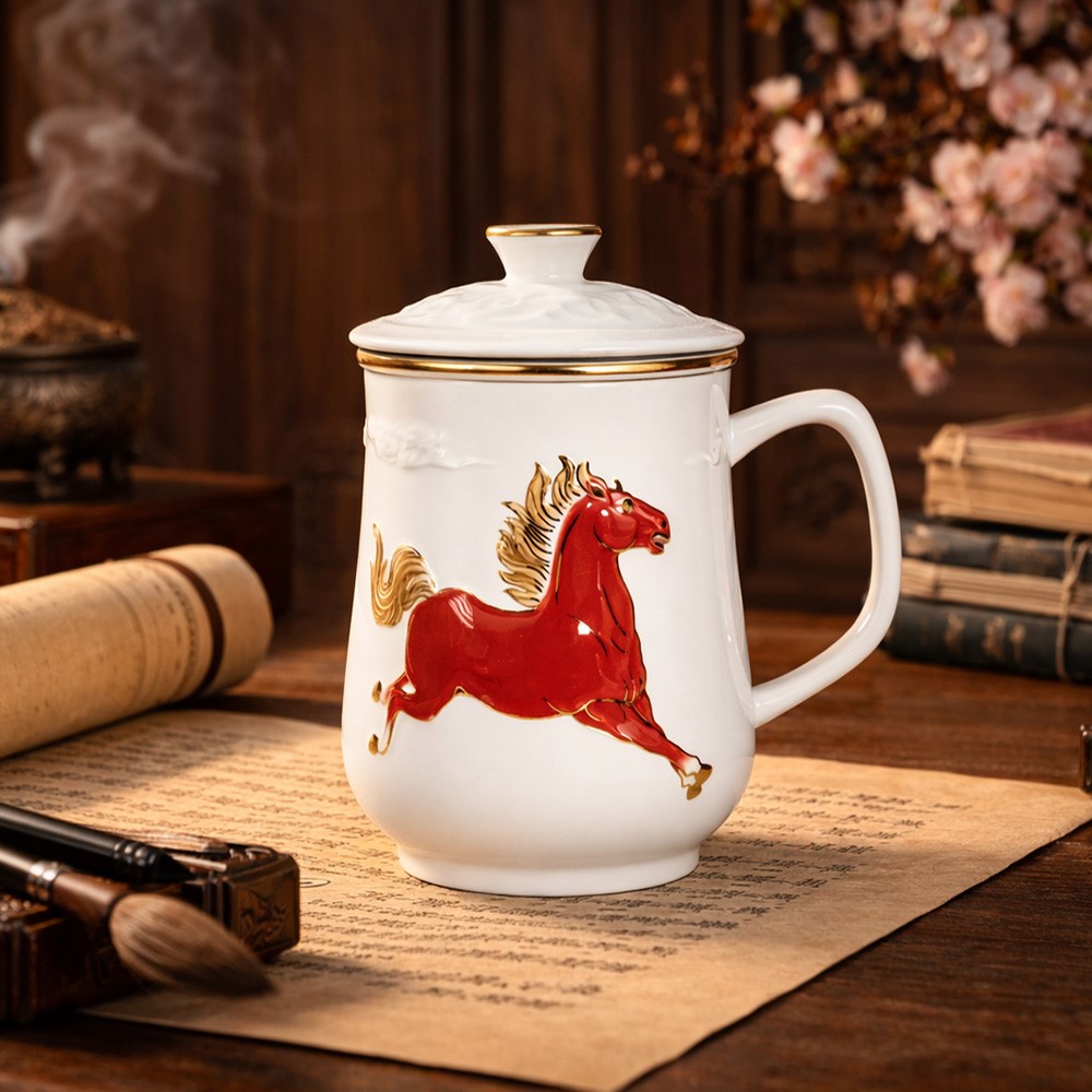 ACERA 乾唐軒 天威寶馬三件杯 / 附茶漏 / 牙白紅彩金 460ml 超取滿NT$2,500免運