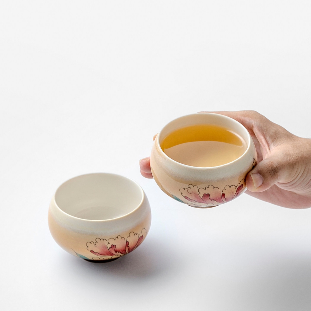 牡丹130ML品茗杯 窯變手繪牡丹主人杯 大容量茶杯 對杯禮盒裝 功夫茶具
