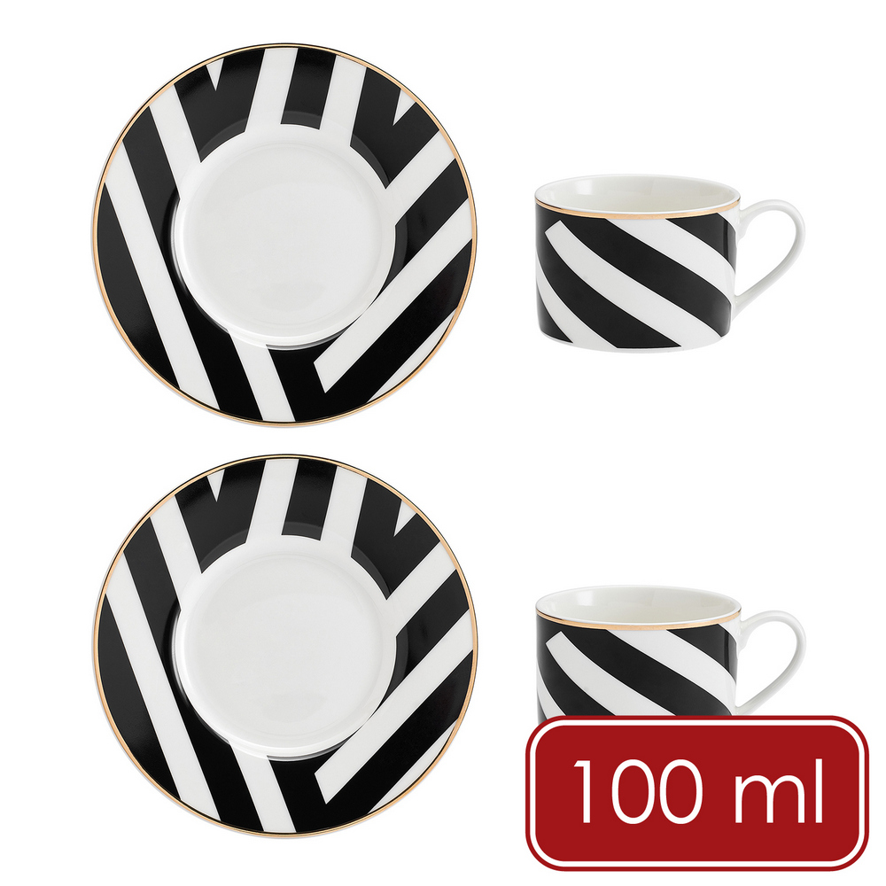Mikasa Dinnerware 美國 Luxe Deco瓷製杯碟組2入(黑白斜紋100ml) / 濃縮咖啡杯 下午茶杯 可機洗 洗碗機可洗